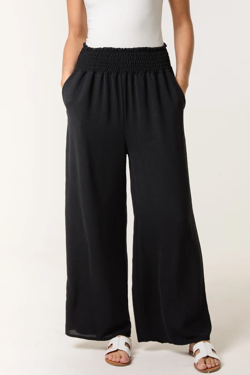 Elasticated Waist Pockets Wide Leg Trousers